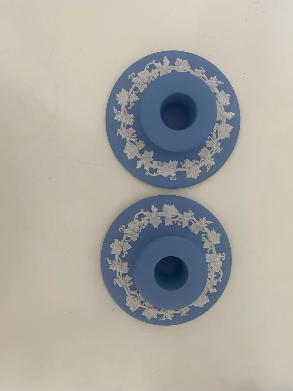 Wedgwood Blue Jasperware Candle Holders with White Relief - Pair